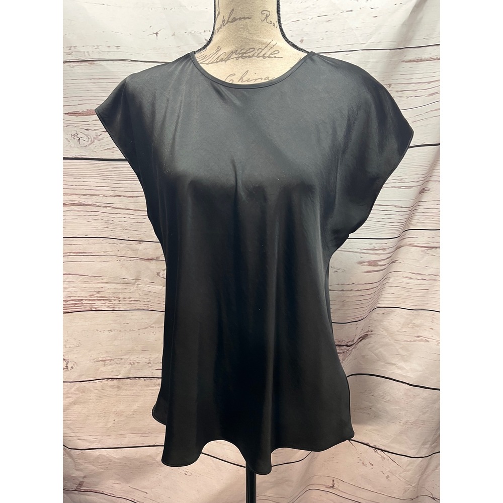 Express Womens Black Satin Cap Sleeve Keyhole Back Blouse Top Large 90240